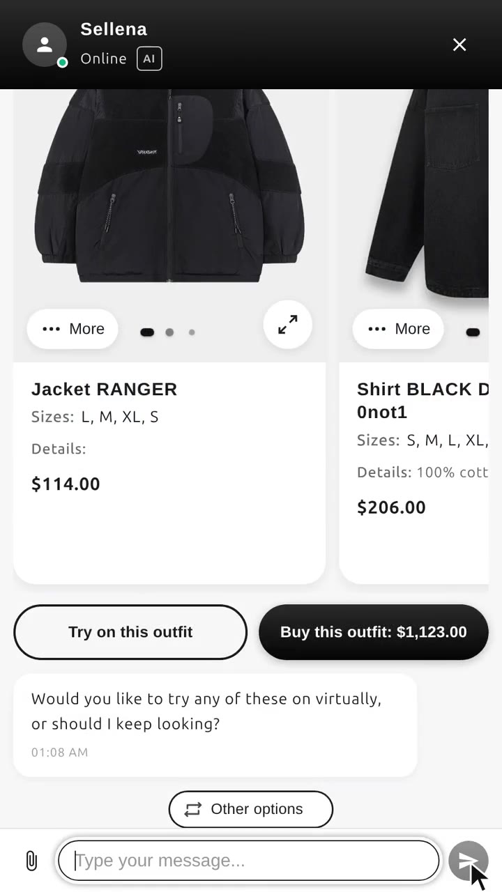 Sellena chat widget showing a styled outfit with product cards
